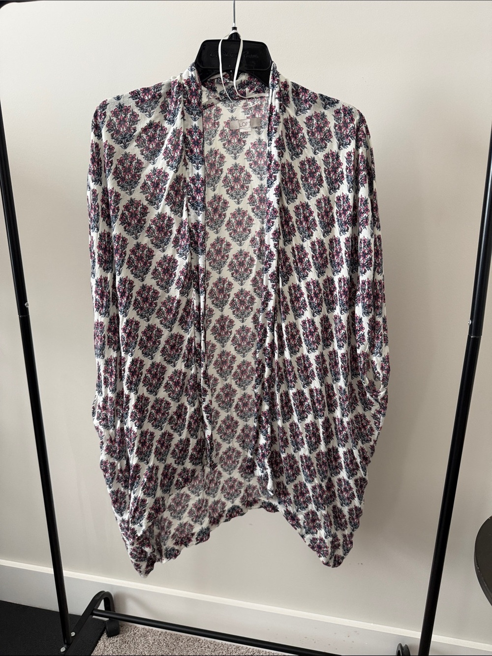 LOFT White Open-Front Cardigan with Pink and Black Floral Motif